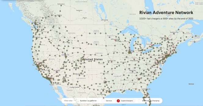 Røde prikker representerer Tesla-ladere, mens grønne markerer planlagte Rivian-ladere. Montasje: Rivian/Tesla