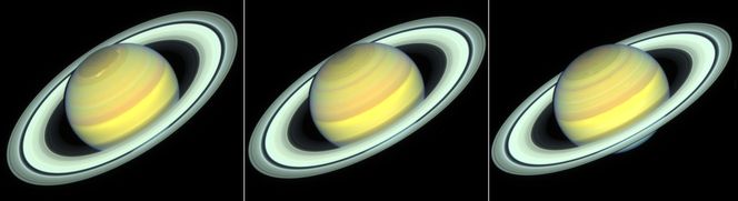 Små fargeforandringer fra år til år viser overgangen fra sommer til høst på Saturn. Foto:  NASA/ESA/STScI/A. Simon/R. Roth