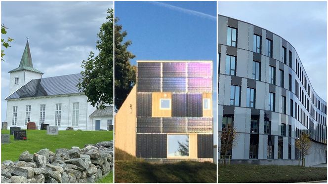 Figur 4. Nyere eksempler fra de siste fem årene viser flere gode løsninger. I midten, 10kW solstrømanlegg bygningsintegrert i veggene på kompakthuset i Randaberg tegnet av artikkelforfatteren Til venstre, på Strand kirke i Rogaland er hele skifertaket byttet ut med solceller. Til høyre er veggintegrerte solceller bruk til å rehabilitere fasadene på Oljedirektoratet ved UiS Campus, Ullandhaug. Foto:  Harald N. Røstvik