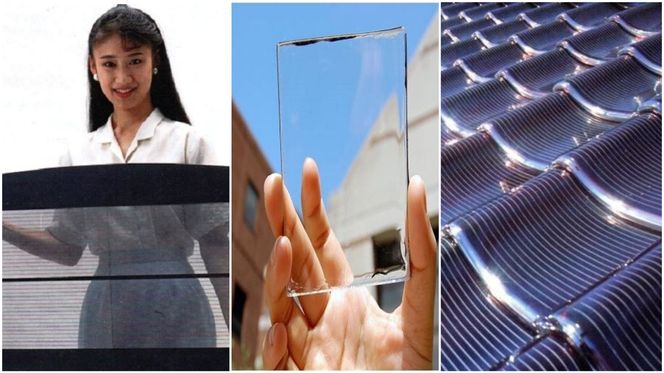 Figur 6. Allerede i 1989 fotograferte jeg disse Sanyo produktene på en verdenskongress for solenergi i Kobe, Japan. Til venstre, vindusglass som stopper litt av varmestrålingen fra sola for å redusere belastningen på aircondition anlegget samtidig som det produserer solstrøm. I midten et lignende produkt fra 2020. Til høyre, Sanyo takpanner (1989) som produserer solstrøm. Foto:  Harald N. Røstvik