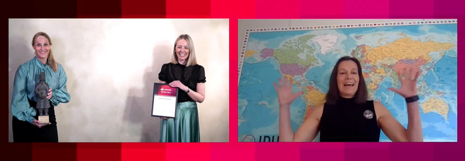 Kristine Næss (leder i ODA) og Randi Mogerhagen, leder for ODA Awards, deler ut pris til Letizia Jaccheri, professor i computer science ved NTNU. Skjermbilde: Oda