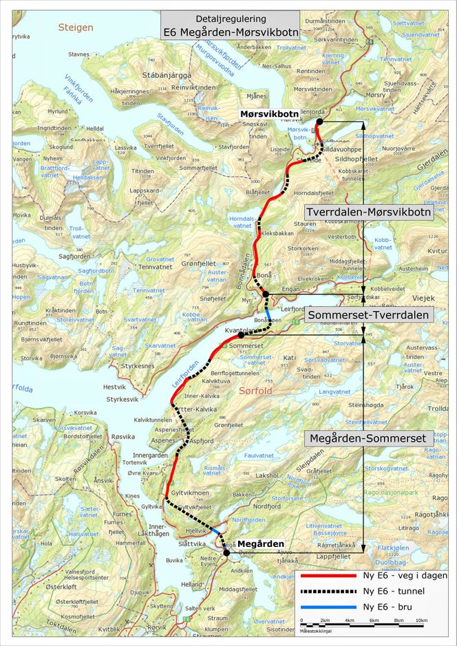 E6 Megården-Mørsvikbotn: De tre parsellene i dagens reguleringsplan. Illustrasjon: Statens vegvesen