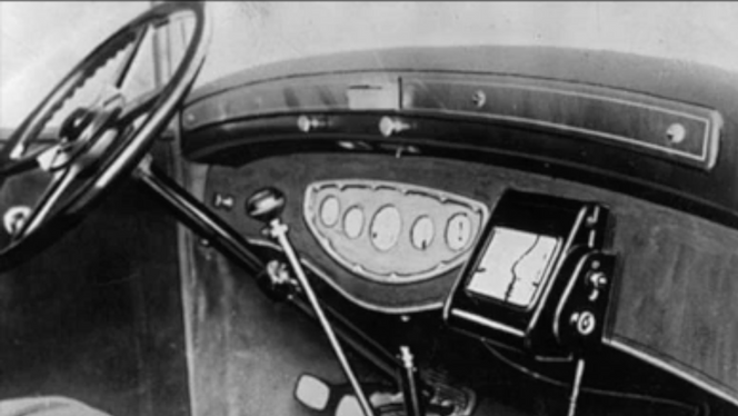 Rundt 1930 fant italienerne opp Iter-Auto, et system der lange kartruller ble skrollet gjennom et apparat. Foto: Reklame fra Iter-Auto
