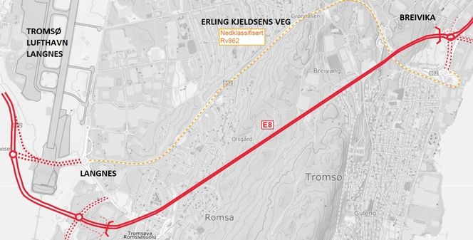 Ett av prosjektene som skal realiseres er byggingen av en firefelts tunnel med to separate løp gjennom Tromsøya, fra Breivika (like nord for Botanisk hage) til Langnes (like sør for dagens postterminal). Tunnelene blir i underkant av 2500 meter lang. Foto:  Tenk Tromsø