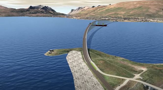 Ny bru til Kvaløya skal bygges som tofelts bru fra Langnes til Selnes, brulengen er cirka 1600 meter og kobles til nye kryssløsninger på begge sider. Illustrasjon:  Statens vegvesen