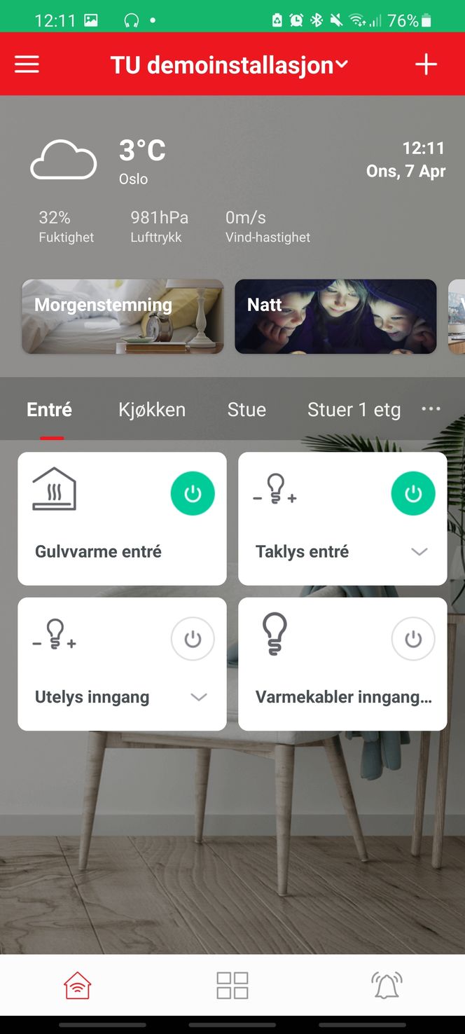 Alle enhetene kan nå kontrolleres i appen. Det er sånn passe praktisk. Mye viktigere er at de kan automatiseres, og at automasjonene kan samles i stemninger som regulerer lys, varme og andre funksjoner over hele huset med et tastetrykk. Foto: Odd Richard Valmot