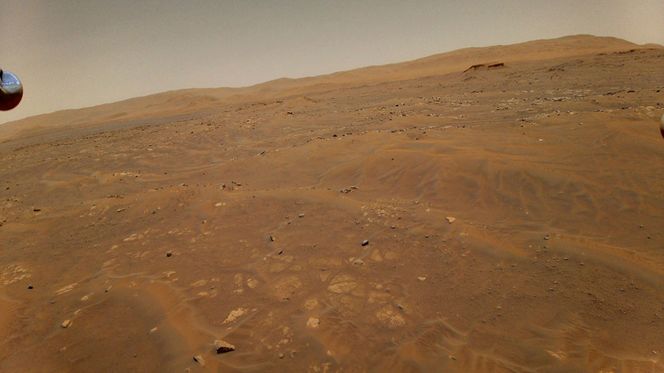Dette bildet ble tatt av Mars-helikopteret 22. mai, fra 10 meters høyde. Foto: NASA/JPL-Caltech/AP/NTB