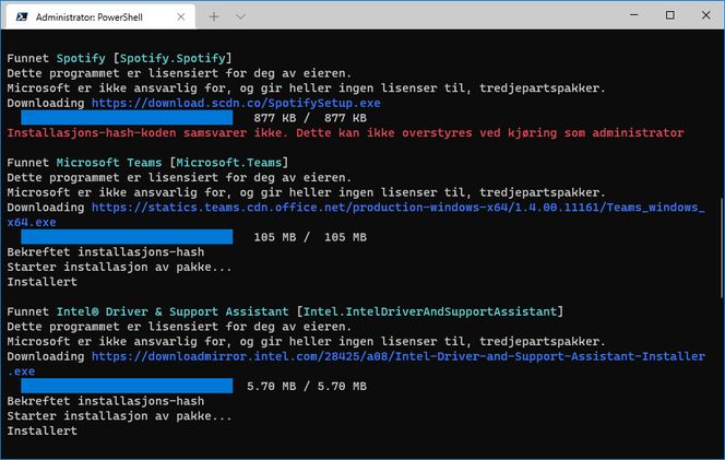 Det meste av programvareoppdatering gikk smertefritt når winget fikk kjøre med administratorrettigheter. Vi så ikke noe klart mønster for hvilke oppdateringer som krevde dette. Skjermbilde: Digi.no