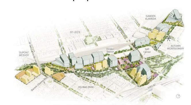Google kaller det en campus, men skal bygge opp en hel bydel på 324 mål med kontorer, boliger, butikker og kulturtilbud i San Jose. Illustrasjon:  Google