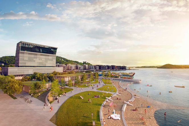 Barnestranden (nærmest) og voksenstranden anlegges på hver sin side av en bølgebrytende molo. Illustrasjon: Rift