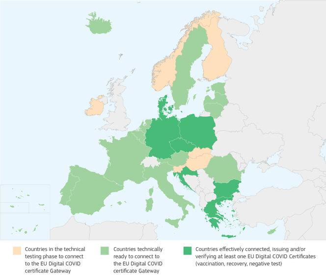 De ulike EU/EØS-landenes status for tilknytning til EUs korona-gateway-system per 2. juni 2021. Illustrasjon: EU-kommisjonen