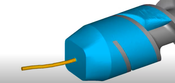 Dette er prinsippet i metoden som kalles skruekstrudering. Den utviklet og patentert av Hydro i samarbeid med NTNU, men testes og optimalisert hos SINTEF. Her benyttes kraft, ikke varme, ubehandlet metallspon mates inn, og fast metall kommer ut. Dette reduserer energiforbruket til en brøkdel. Målet har vært å optimalisere prosessen og minimere energiforbruket. Illustrasjon:   Xiang Ma, SINTEF