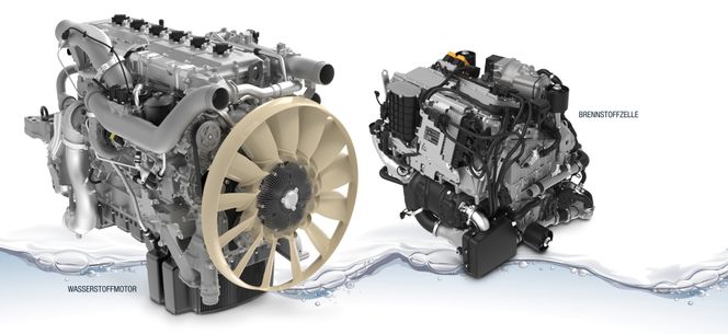 Til venstre i bildet en forbrenningsmotor, bygget om fra dieseldrift til hydrogen som brennstoff. Til høyre i bildet en brenselcelle. Begge fra tyske MAN, som velger å bruke forbrenningsmotor i en overgangsfase mens de videreutvikler og forfiner brenselcellen.Til venstre i bildet en forbrenningsmotor, bygget om fra dieseldrift til hydrogen som brennstoff. Til høyre i bildet en brenselcelle. Begge fra tyske MAN, som velger å bruke forbrenningsmotor i en overgangsfase mens de videreutvikler og forfiner brenselcellen. Illustrasjon: MAN
