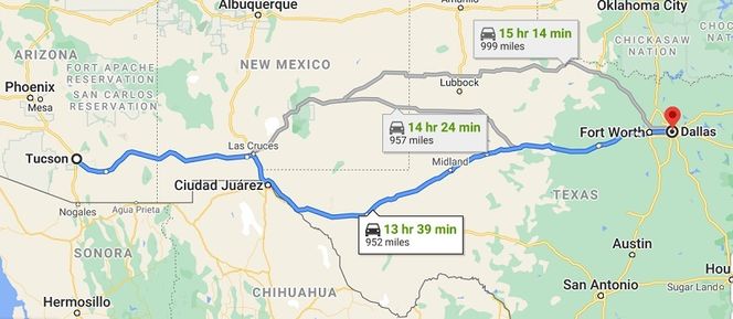 Ruten til den selvkjørende lastebilen, merket i blått. Skjermbilde:  Google Maps