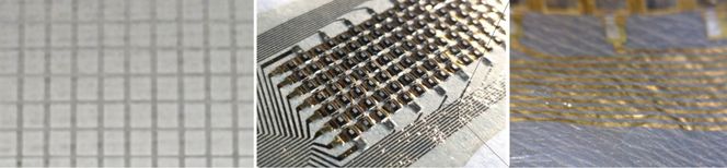 For å lage bøyelig elektronikk på tynne filmer, har Samsungs forskere brukt elastomerer, som er mye mer tøyelige og bøybare enn plast. Komponenter som ikke kan vris og vrenges med substratet, er plassert i en slags øyer hvor mellomrommet mellom dem kan strekkes. Foto: Samsung