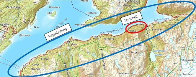 Kartet viser området som skal utbedres i Kvinnherad. Illustrasjon: Vestland fylkeskommune