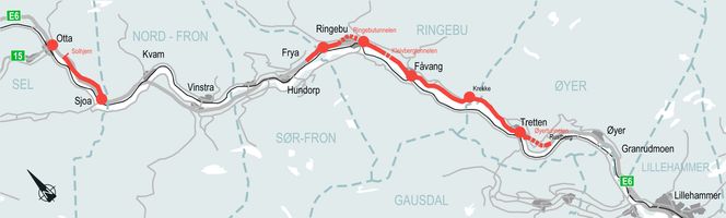 Planprogrammet gjelder for delstrekningene Øyer–Frya (ca. 40 km) og Sjoa–Otta/Solhjem (ca.10 km). Illustrasjon:  Nye Veier