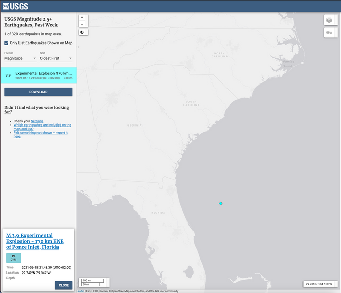 Den eksplosive testen ble gjennomført 170 kilometer øst for Florida. Foto: USGS
