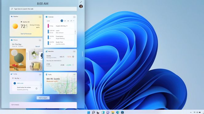 Windows Widget er på mange måter erstatningen for de dynamiske flisene som forsvinner ut med Windows 11. Skjermbilde: Microsoft