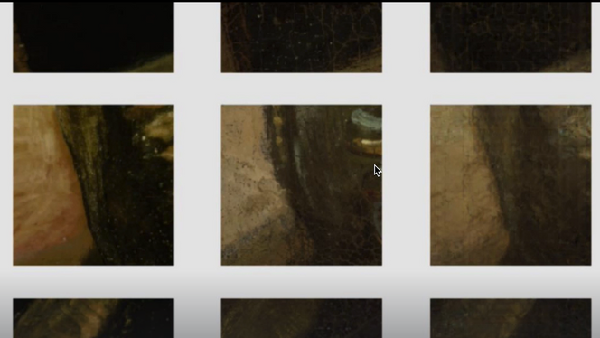 Output fra det nevrale nettverket som har rekonstruert kantene på bildet. Til venstre ser man kopien til Lundens, i midten originalen til Rembrandt, og til høyre AI-ens forsøk på å generere Rembrandts versjon fra Lundens data Skjermbilde: Rijksmuseums video om rekonstruksjonen