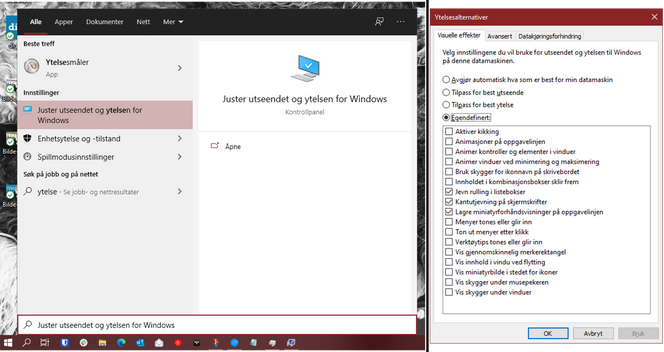 Tips 1: Juster utseendet og ytelsen for Windows Skjermbilde: Windows 10
