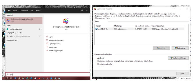Optimalisering og defragmentering. Skjermbilde: Windows 10