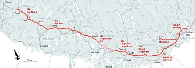 Helhetlig utbygging: Til høsten starter utbyggingen av Lyngdal øst - Lyngdal vest. Når strekningen Mandal - Lyngdal øst står klar, vil det være sammenhengende motorvei fra Røyskår lengst vest i Lyngdal til Kristiansand. Illustrasjon: Nye Veier