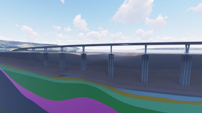 Denne prinsippskissen viser hvordan den nye Mjøsbrua er tenkt fundamentert. Stålpæler rammes ned i havbunnen og forankres i en støpt pælehatt under vannoverflaten (blått). Oppå denne reises betongpilarene som bærer brukonstruksjonen og blir det første synlige elementet over vann. Kun stålpælene nærmest land kan forankres i fjell. Om det blir vertikale pæler, som vist her, eller skråpæler, avgjøres først i neste skritt av prosjekteringen. Illustrasjon: Multiconsult Illustrasjon:  Multiconsult