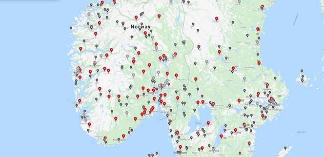 Slik presenterer Tesla selv sine utbyggingsplaner for nye ladestasjoner i Sør-Norge og Sør-Sverige. Skjermbilde:  Tesla