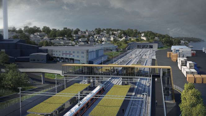 Slik kan den nye 800 meter lange togperrongen langs med fjorden i Moss komme til å se ut. To togtunneler på 2,7 og 2,3 kilometer er påbegynt i nord og sør. Illustrasjon: Bane Nor