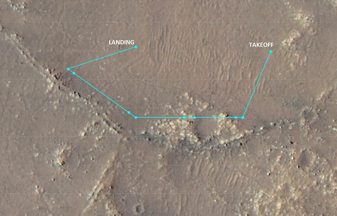 Mars-helikopteret Ingenuity hadde hele ti stopp-punkter på sin tiende flyvning, der det ble tatt stereobilder på fire ulike steder. Foto: NASA