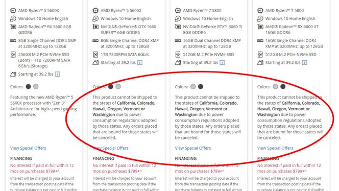 Produktside på Dell.com hvor det opplyses at visse PC-modeller ikke kan sendes til seks ulike delstater på grunn av krav om begrenset strømforbruk. Foto: Digi.no