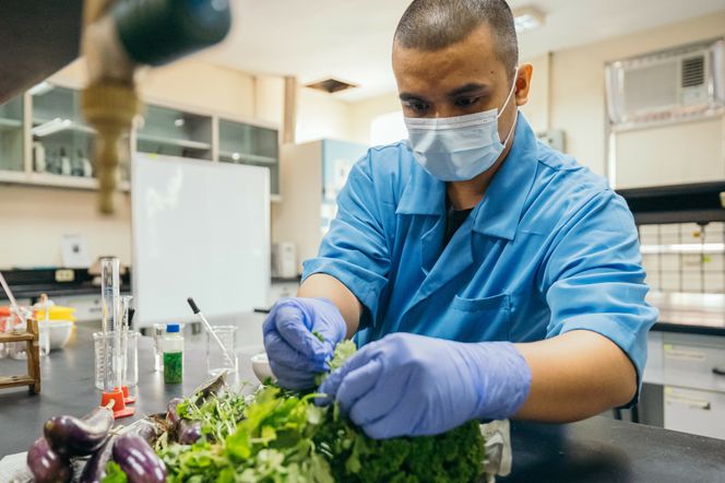 Carvey Ehren Maigue gjør frukt- og grønnsaksavfall til et selvlysende materiale som kan konvertere UV-lys. Foto:  The James Dyson Award