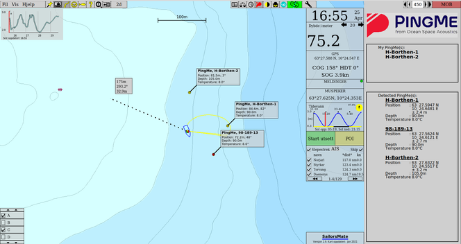 Bildet viser Sailors Mates todimensjonale kart av båtens forflytning (gul stripe) og detekterte transpondere. For hver transponder oppgis posisjon, sikkerheten av estimatet, ID, temperatur og dyp. Ytterst til høyre ser vi en liste over båtens «egne» transpondere (øverst) og detekterte transpondere.