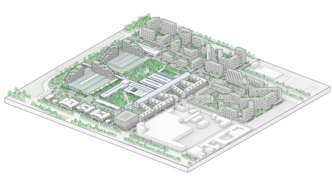 Boliger, arbeidsplasser, kulturarenaer, skoler, barnehager, butikker, restauranter og grøntarealer skal pusles sammen til et helhetlig og vitalt bymiljø i Ex Macello. Illustrasjon: Snøhetta