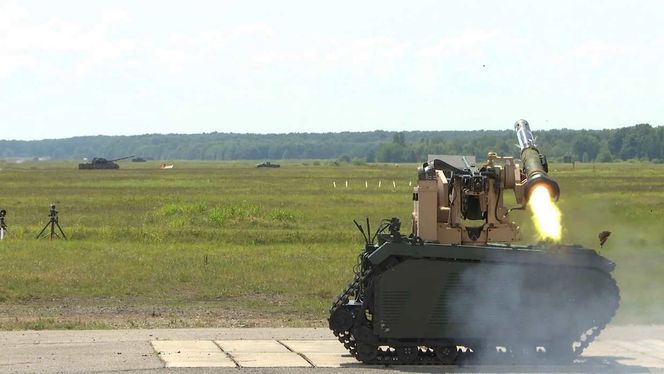 Et Javelin panservernmissil fra Raytheon/Lockheed Martin avfyres fra en Kongsberg Protector montert på en THeMIS fra Milrem i 2019. Foto: Kongsberg Defence & Aerospace