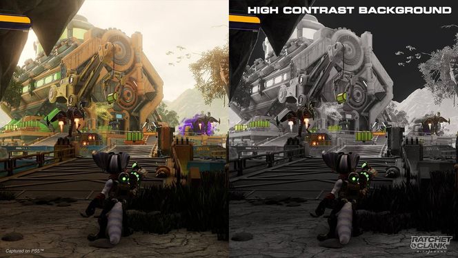 Playstation-spillet «Rachet &Clank: Rift Apart» har en rekke funksjoner som skal gjøre det lettere å spille for funksjonshemmede. Blant annet høykontrast-bakgrunner, som du ser et eksempel på her. Foto: Sony