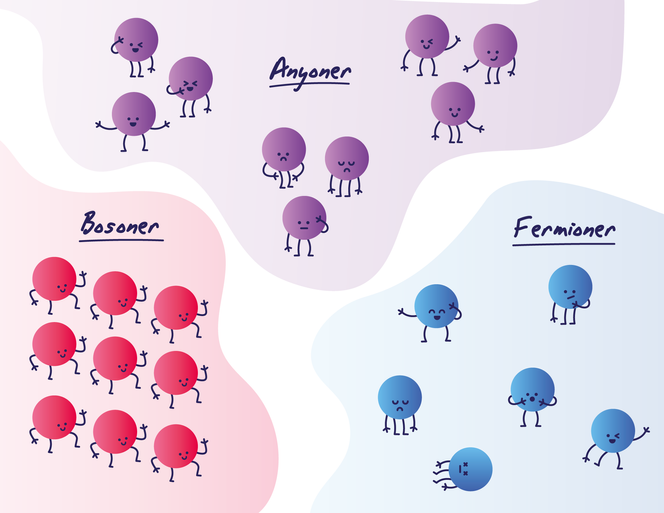 Anyoner er litt midt imellom bosoner og fermioner. Bosoner marsjerer i takt i samme kvantetilstand – på samme energinivå, fermioner holder seg i hver sin tilstand, mens anyonene grupperer seg i små grupper med nesten samme tilstand. Illustrasjon:  Maria Hammerstrøm