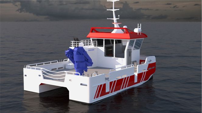 Prosjektet «Utslippsfri arbeidsbåt» (Ubåt) bygger på den dieselelektriske båten Nabcat 1375 Electric som Moen Marin har designet når de nå har laget en skisse av den første hydrogenbåten. Illustrasjon: Moen Marin
