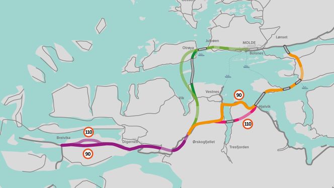 Kartet viser de to alternativene med «Møreaksen» mot nord og «Romsdalsaksen» mot sør. Illustrasjon: Statens vegvesen