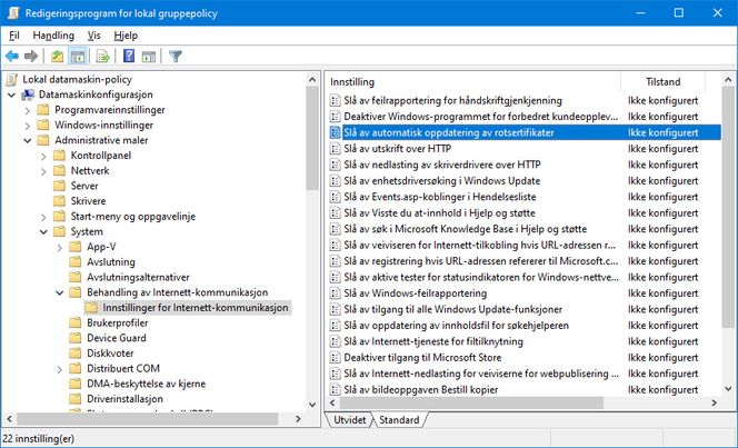 Redigeringsprogrammet for lokal gruppepolicy i Windows 10, med valget for å slå av automatisk oppdatering av rotsertifikater. Skjermbilde: Digi.no