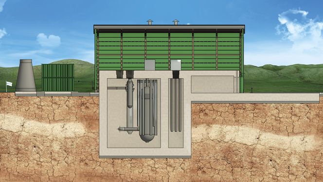 Urenco og flere partnere vil levere U-batterier eller såkalte uranium-til-hydrogen "øyer" uten strømforsyning fra elnett. Disse installasjonene har en strømkapasitet på rundt 4 MW og trenger bare 1-2 leveranser av uranium per tiår. U-batteriet forsyner kraft og varme, og er egnet til hydrogenproduksjon. Det første U-batteriet kan stå klart i 2028. Illustrasjon: Urenco