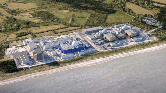 Kjernekraftverket Sizewell B til venstre skal bygges ut med et nytt kraftverk, Sizewell C. Illustrasjon: EDF