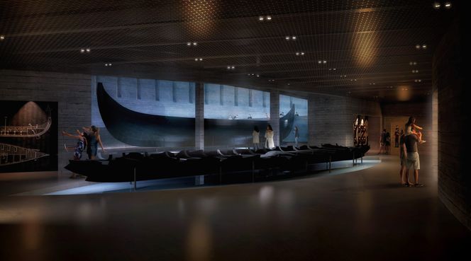 Når nybygget er klart med klimakontroll, skal skipene flyttes. Dette skal etter planen skje om to år. Flyttingen skal gå på skinner med ulik sporvidde og svinger. Illustrasjon: Statsbygg/Aart Architects