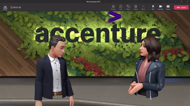 Jason Warnke og Ellyn Shook, begge i Accenture, møtes i selskapets virtuelle etasje gjennom Microsoft Teams. Skjermbilde: Microsoft