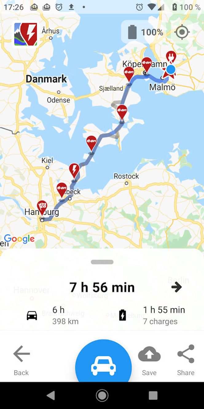 Appen bruker informasjon om din bilmodell for å planlegge reisen for deg. Foto: Iternio Planning AB