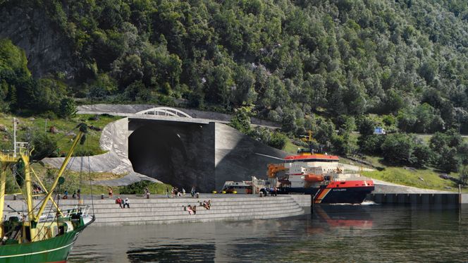 Illustrasjonen viser inngangen til Stad skipstunnel i Moldefjorden. Vi ser veien er lagt over tunnelinngangen, og det er lagt opp til en løsning med publikumsplasser i strandsonen. Illustrasjon:  Kystverket
