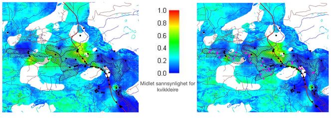 Fig. 1: Kartet viser sannsynlighet for kvikkleire som et resultat av firedimensjonal modellering, projisert i kartplanet. Kartet til venstre viser den opprinnelige modellen basert på sonderinger i de svarte punktene, mens kartet til høyre viser en oppdatering av modellen etter at sonderinger i de lilla punktene er lagt til. Hovedinntrykket av kvikkleirefordelingen endres ikke av de nye målingene, noe som indikerer at modellen er robust. NVEs kvikkleiresoner er indikert i skravur, skriver kronikkforfatteren. Bilde:  Lars Edward Rygg Kjellesvik