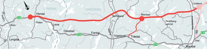 E39 mellom Mandal og Lyngdal har en forventet verdi på 4,7 milliarder kroner eks. mva. Den kommer ut i markedet i september 2022. Illustrasjon:  Nye Veier
