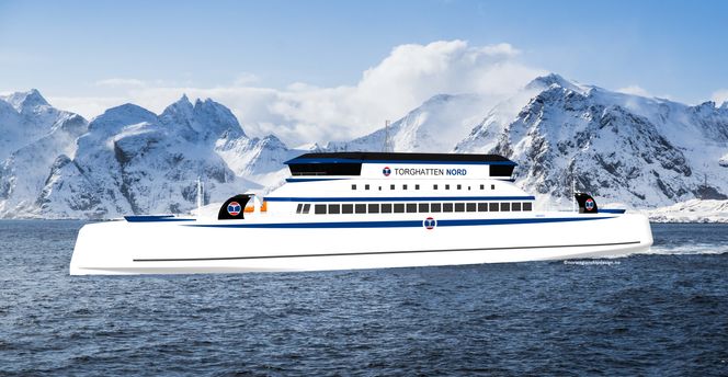 Slik kan hydrogenferjene som skal gå mellom Bodø og Lofoten bli seende ut. Illustrasjon: Norwegian Ship Design
